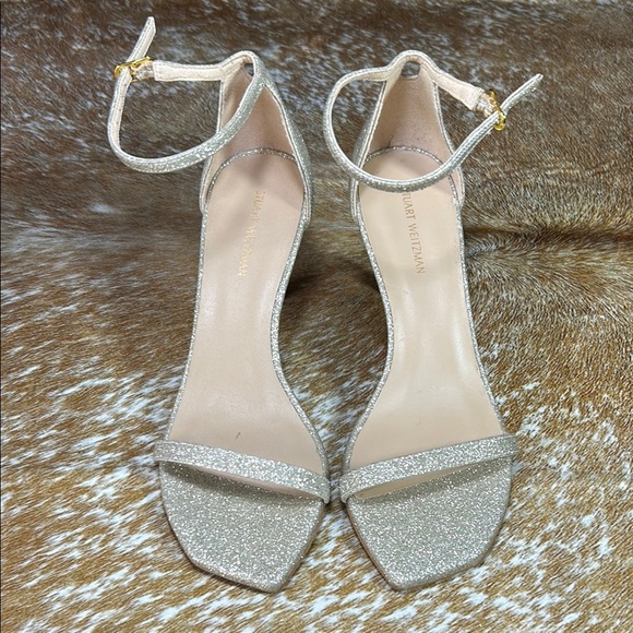 EUC Stuart Weitzman Nudistcurve 4” US 5, Silver Glitter Heels Sparkle Stiletto - Picture 2 of 14
